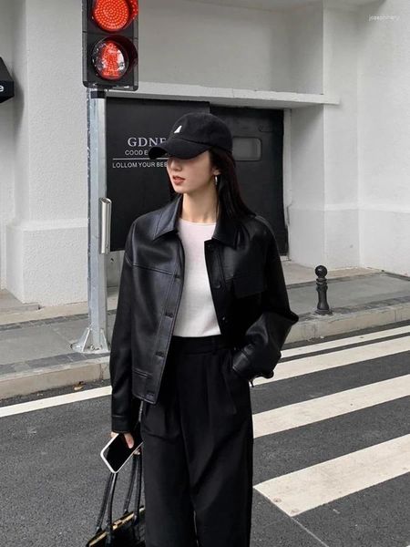 Chaqueta de cuero para mujer, chaqueta de imitación con bolsillos con cremallera y abrigos ajustados, ropa diaria de moda