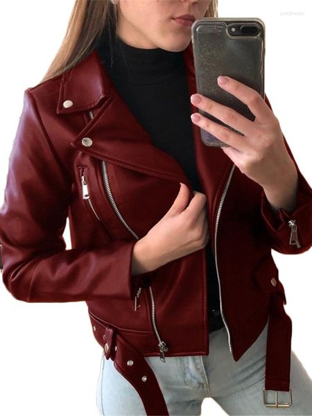 Veste en cuir pour femmes femmes court mince 2023 printemps automne mode manteau en polyuréthane femme Moto vêtements avec ceinture rouge bleu noir vêtements d'extérieur