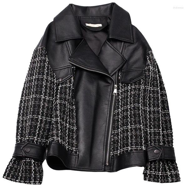 Chaqueta de cuero para mujer, abrigo ajustado con empalme a cuadros a la moda de manga larga con solapa para primavera y otoño