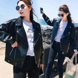 Jaqueta de couro feminina com zíper streetwear motocicleta casaco plutônio grande outerwear manga longa coreano chique preto