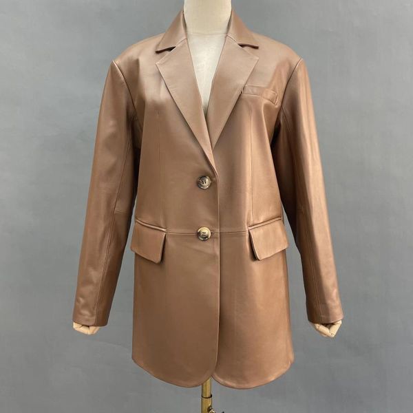 Chaqueta de cuero auténtica JANEFUR para mujer, chaqueta de piel de oveja auténtica a la moda, ropa de abrigo para oficina de Chocolate 2023