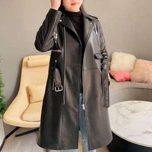 JANEFUR – veste longue en cuir pour femme, manteau noir en peau de mouton véritable avec ceinture, Chic, de rue, vêtements d'extérieur pour l'automne et l'hiver, 2023