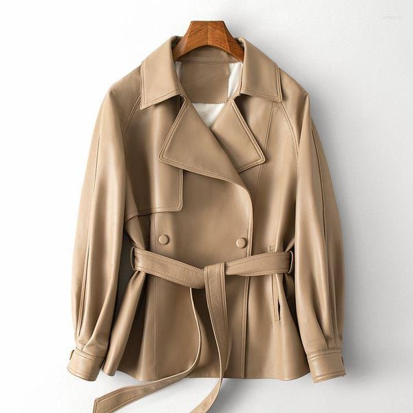 Veste Blazer en cuir véritable pour femmes, palette de juillet, Double boutonnage, ceinture à lacets, kaki, manteaux chics en peau d'agneau, 2023