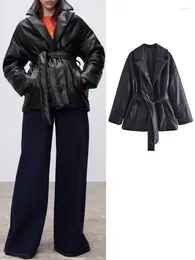 Femmes en cuir KJMYYX hiver femmes mode Chic Faux PU avec ceinture Blazer manteau femme décontracté à manches longues vêtements d'extérieur coton vêtements veste