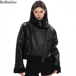 Jaqueta curta de couro Kohuijoo outono inverno shearling 2023 grossa e quente de lã de cordeiro oversize preta com zíper casaco de motocicleta solto