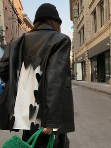 Damesleer Koreaanse chique jas Women Backless Designer Loose dun streetwear Moto vrouwelijke herfst bovenkleding Biker Coat 2022