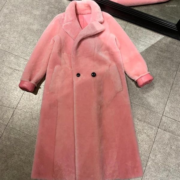 Manteau en cuir pour femme en peau de mouton longue hiver chaud tissu de fourrure de Mongolie