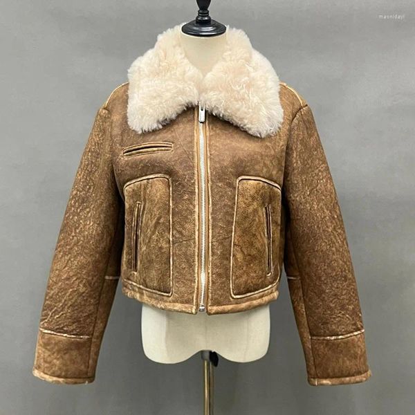 Vestes en cuir pour femmes, manteau en vraie laine d'agneau, en peau de mouton, à la mode, pour motard, hiver 2023