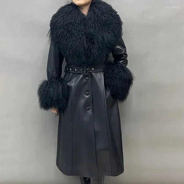 Trench-Coat en cuir pour femmes, mode Streetwear, veste longue, col en fourrure mongole, pardessus en peau de mouton véritable