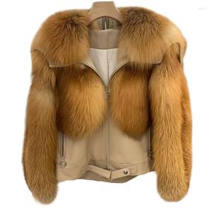 Veste de luxe en cuir pour femme avec fourrure, manteau d'hiver épais et chaud naturel à grand col en peau de mouton