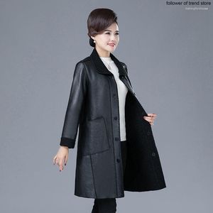 Manteau en cuir et fourrure d'agneau pour femme, ample, coréen, mi-long, pour mère, automne-hiver, épais, marron, veste pour femme