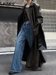 Lautaro – manteau en cuir pour femmes, Long et Cool, surdimensionné, marron, noir, Pu, Trench-Coat pour femmes, mode européenne et américaine, printemps automne 2024