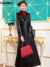 Gabardina Lautaro de cuero para mujer, gabardina de imitación suave negra Extra larga de primavera para mujer, abrigo elegante de diseñador de lujo hasta el suelo 6xl 7xl