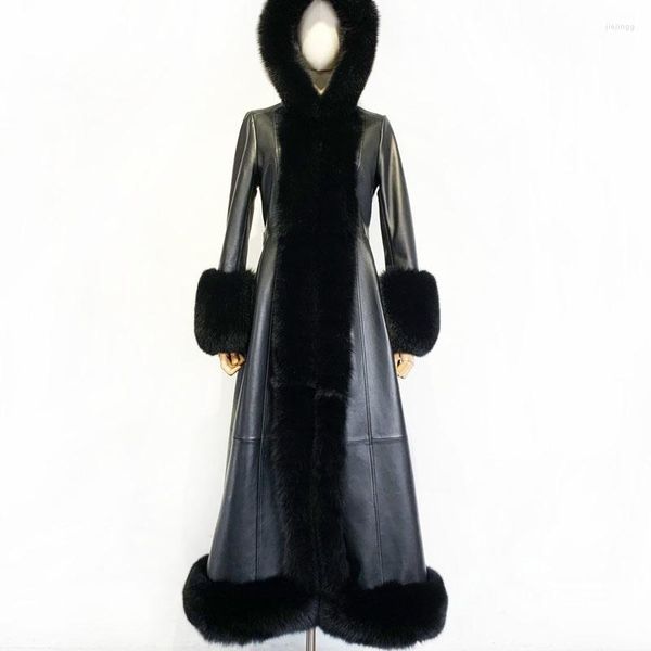 Manteau long en cuir véritable pour femme à capuche avec bordure en fourrure