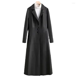 Veste longue en cuir véritable pour femme, coupe-vent coupe cintrée et amincissante, Style peau de mouton noir, tendance, printemps