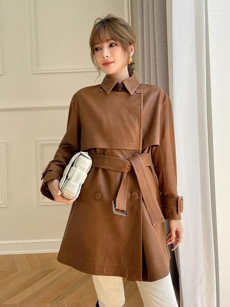 Gabardina larga de piel de oveja para mujer, chaqueta auténtica entallada de gama alta con cinturón de doble botonadura, tendencia Otoño Invierno 2024