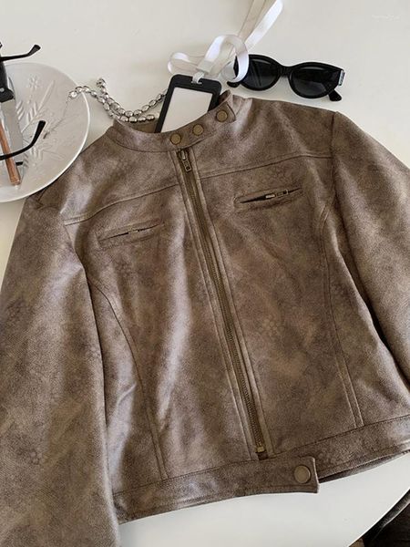 Cuero de las mujeres LY VAREY LIN primavera otoño mujeres Vintage Slim Moto Biker gamuza PU abrigo Streetwear Stand Collar Chaqueta corta de imitación