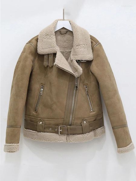 Cuir Femme Ly Varey Lin Hiver Femmes Streetwear Épais Chaud Daim Veste D'agneau Mode Faux Shearling En Peau De Mouton Manteau De Moto Outwear