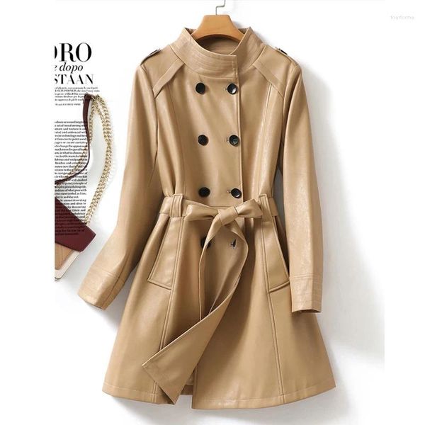 Femmes en cuir M-4XL mi-longueur femmes réel Trench manteaux 2023 automne hiver Chic double boutonnage à lacets ceinture dames en peau de mouton vêtements d'extérieur