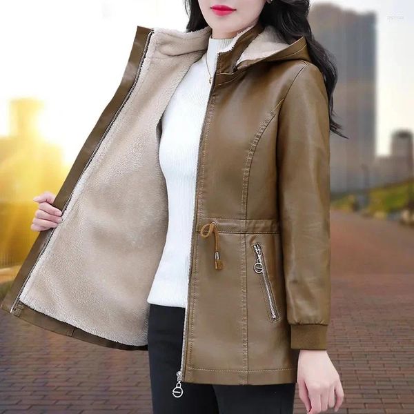 Manteau en cuir Pu rembourré mi-long en velours pour femme, coupe-vent avec poche et fermeture éclair, garde au chaud, à la mode, automne-hiver