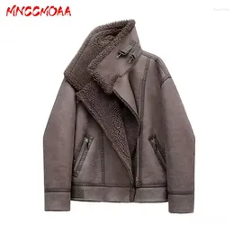 Women's Leather MNCCMOAA Alta Calidad Invierno Mujer Moda Vintage Grueso Cálido Lana de Cordero Chaqueta de Imitación Abrigos Mujer Casual Outwear Suelto