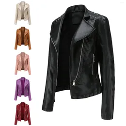 Dames lederen moto biker rits jas bommenwerper winterjas namaakbont bovenkleding harajuku kleding beige paars top