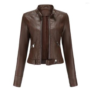 Femmes en cuir Moto Biker Zipper Veste Violet Violet Rouge Café 2023 Manteau De Mode Veste Cuir Femme Femmes Faux Automne Printemps