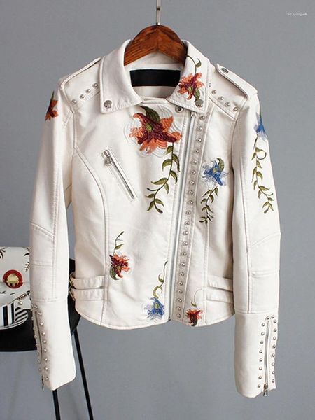 Top de moto de cuero para mujer, chaqueta suave de imitación bordada con estampado Floral, abrigo de motocicleta de Pu para mujer, prendas de vestir exteriores con remaches con cremallera Punk negro para mujer