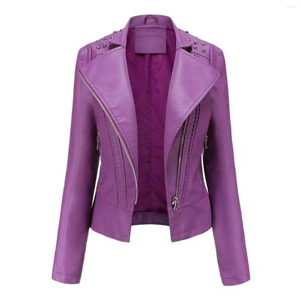 Femmes en cuir Moto Moto Biker Zipper Veste Dames Rose Noir Violet Manteau Mode Printemps Automne Rivet Faux Femmes