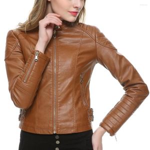 Chaqueta de imitación de cuero para Mujer, color marrón y negro, corta y delgada, abrigo blanco para motociclista, Chaquetas para Mujer en 5 colores