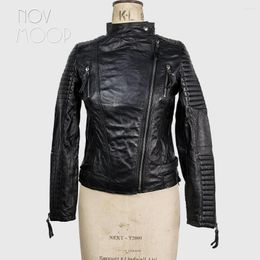 Chaqueta de mujer Novmoop de piel de oveja de calidad auténtica, estilo motociclista, elegante, última pieza, liquidación, Veste En Cuir C2