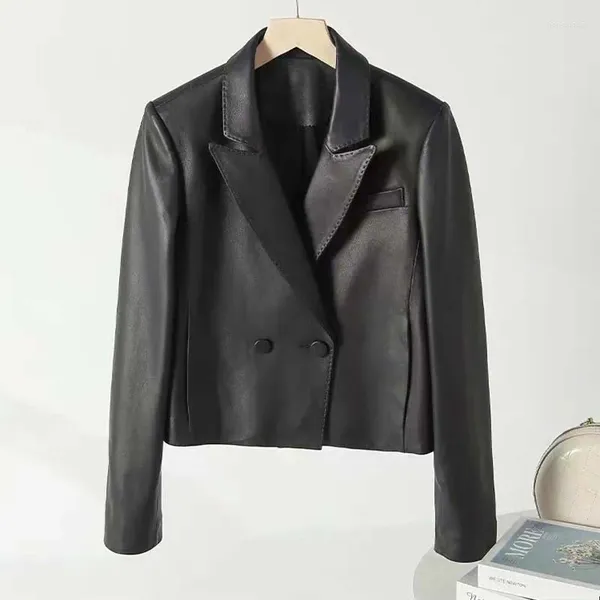 Chaqueta corta de cuero para mujer para oficina, piel de oveja auténtica, abrigo negro de manga larga con vuelta Natural, ropa cálida Formal para primavera y otoño