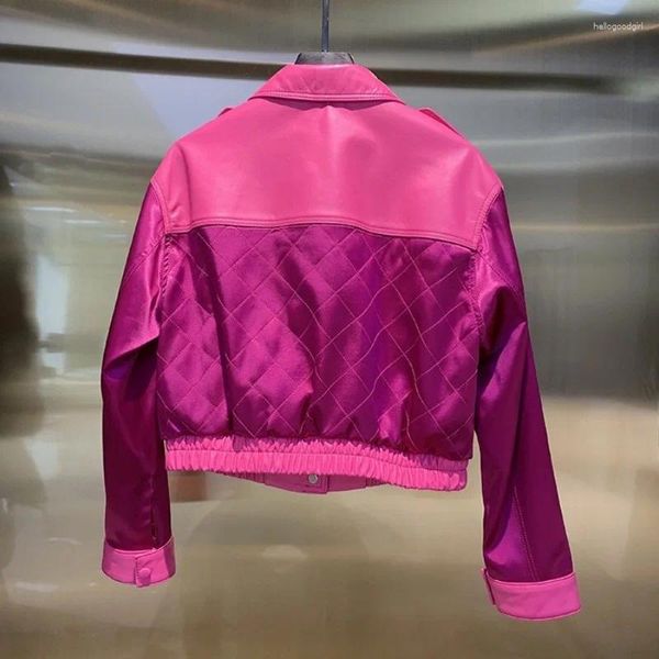 Femmes en cuir Patchwork mode femmes Rose rouge véritable veste automne à manches longues revers moto vestes femme véritable manteau en peau de mouton