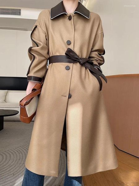 Trench-Coat en cuir et peau de mouton pour femme, veste longue en laine véritable avec ceinture, tendance, haut de gamme, automne-hiver 2023