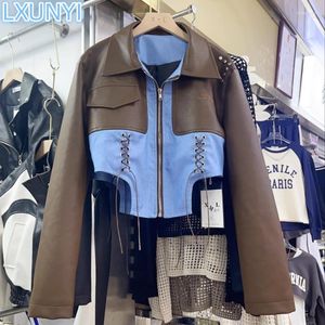 Manteau en Denim court en cuir pour femmes, Patchwork, couleur contrastée, Design asymétrique, fermeture éclair, Bandage, veste de moto, automne 2023