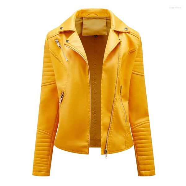 Femmes Cuir PU Manteaux Femmes Moto Biker Zipper Vestes 2023 Mode Faux Veste Printemps Automne Manteau Dames Rouge Noir Jaune Rose Marron