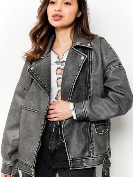 Femmes cuir PU Faux veste femmes ceintures amples décontracté motard vestes vêtements d'extérieur femmes hauts BF Style noir manteau Beige gris