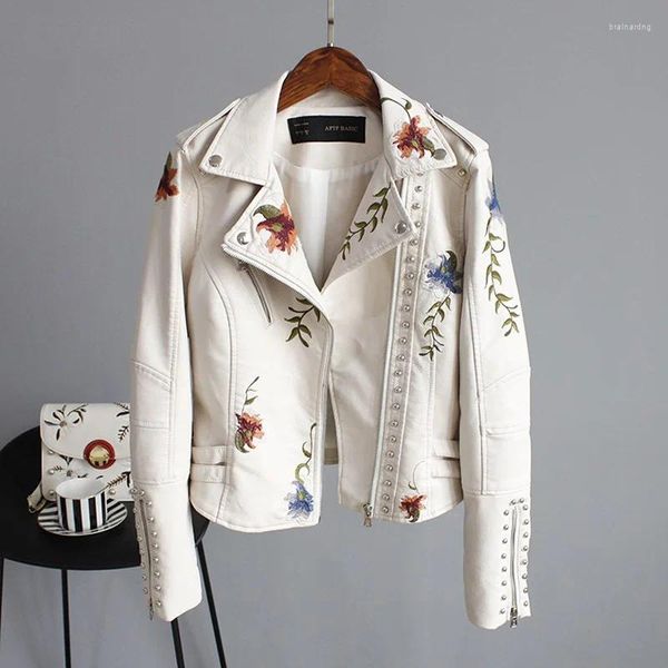 Chaqueta de cuero estilo Punk para mujer, chaqueta suave de imitación con bordado Floral de Pu, charretera para motocicleta, ropa de abrigo con cremallera