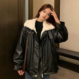 Damesleer Qnpqyx Street Dames PU Motorfiets Jacket Fashion Winter Warm pluche dikke dikke bovenkleding Koreaanse rits bont kraagjas vrouw