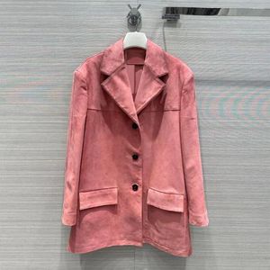 Abrigo rosa de piel de oveja de ante de calidad de cuero para mujer, chaqueta Real holgada con muescas y bolsillos de manga larga con un solo pecho