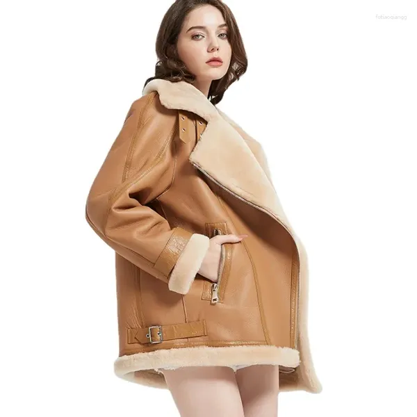 Manteau en cuir et laine d'agneau véritable pour femme, veste chaude d'hiver classique pour moto, kaki, peau de mouton véritable, 2023