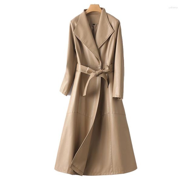 Trench-coat long en cuir véritable pour femme, vêtement élégant en peau de mouton, de haute qualité, avec ceinture à boutons, automne-hiver, 2023