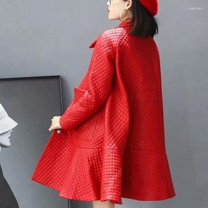 Manteau Long en cuir de mouton véritable pour femmes, à volants doux, couleur unie, ample, ligne a, veste à carreaux, coupe-vent authentique OL élégant