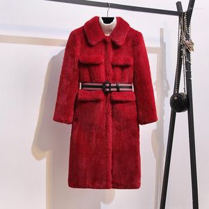 Femmes en cuir rouge fourrure mi-long manteau minceur dame tempérament hiver vêtements pour femmes 2023 femmes veste manteaux