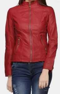 Veste en cuir rouge pour femme, tenue de soirée en peau d'agneau véritable