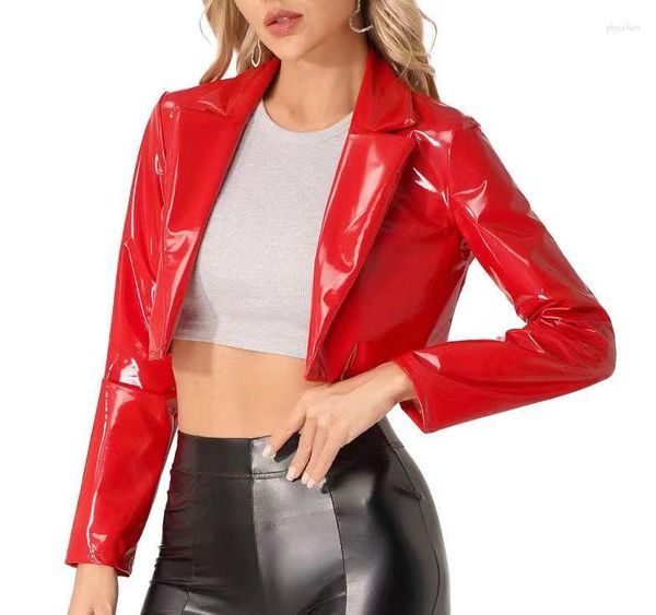 Veste courte en cuir rouge pour femmes, veste de soirée pour Bar, haut Sexy pour moto, manteau exposé à la taille, élastique Pu brillant, boîte de nuit