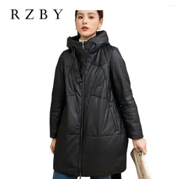 Femmes cuir RZBY haut agneau doudoune hiver longue fermeture éclair Couro Legitimo Feminino Roupa lâche Blazer Mujer à capuche Ocercoats RZBY2531