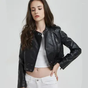 Femmes en cuir S-XL femmes Faux Pu veste printemps automne femme manteau col montant fermeture éclair mince court Moto Biker dames vêtements d'extérieur Hw86