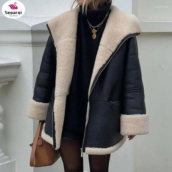 Cuir Femme SEPARQI Mode Automne Manteau De Fourrure Femmes Hiver À Manches Longues Velours Revers Femme Manteaux 2024 Streetwear Noir Moteur Dames