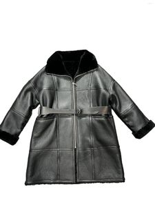 Manteau en cuir et fourrure de mouton pour femmes, Version droite, mode décontractée, automne 2024, 1101